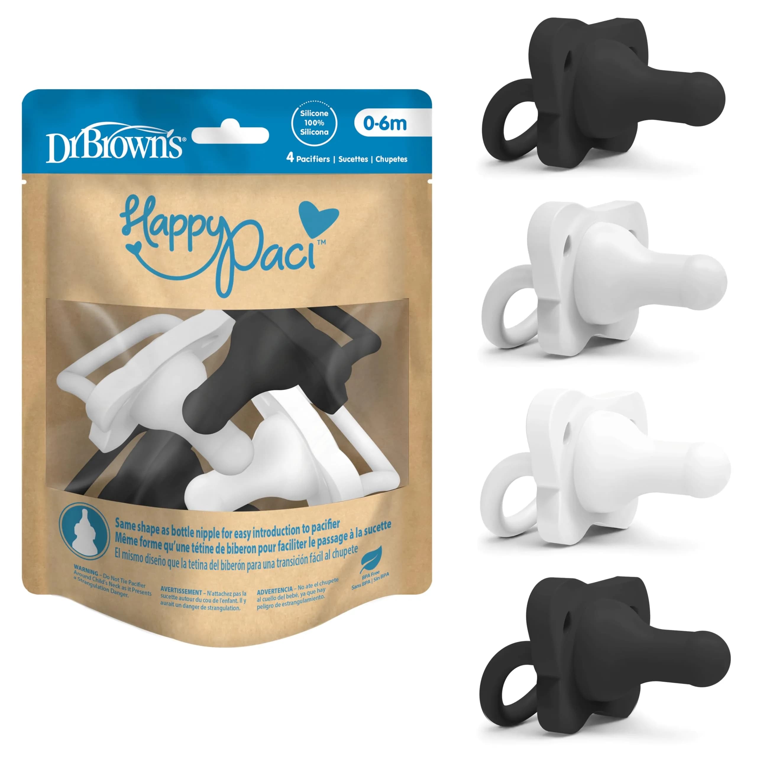 Dr. Brown's HappyPaci Silicone Pacifier 0-6m | Soft, BPA-Free, Contoured Shield — Gray/Black/White