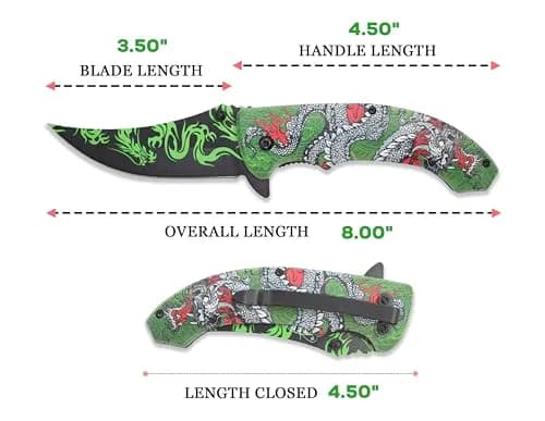 MASTER USA 8-Inch Folding Pocket Knife | Drop Point Blade, Green Dragon Design, Everyday Carry thumbnail 2