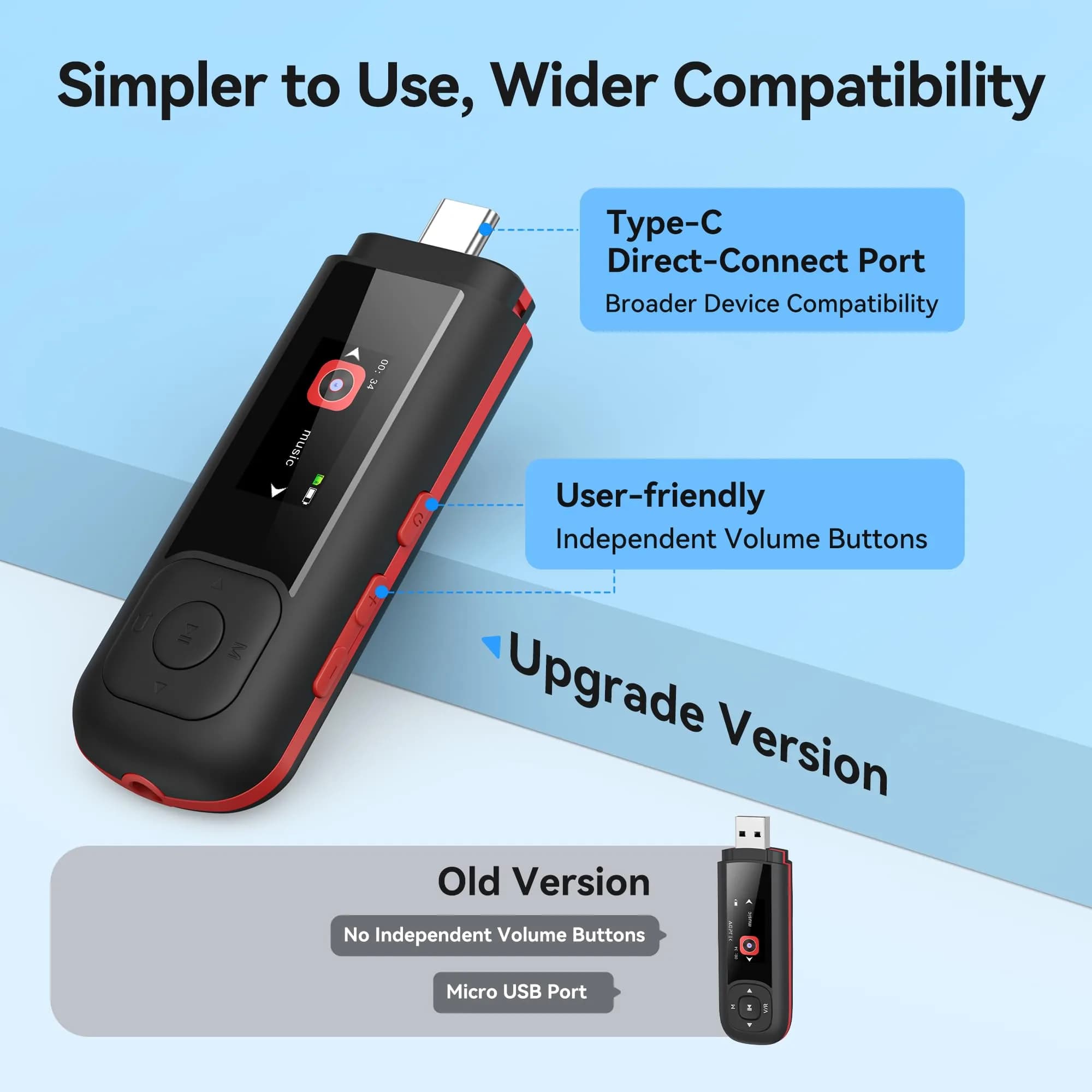 AGPTEK A55S MP3 Player 32GB Black | Type-C & USB Music Player - view 4
