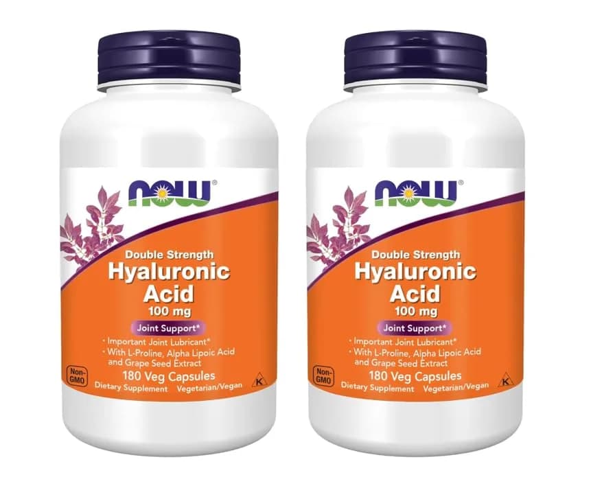NOW Foods Hyaluronic Acid 100 mg Double Strength with L-Proline, Alpha Lipoic Acid & Grape Seed Extract, 180 Veg Capsules (Pack of 2) | Supports Joint & Skin Hydration