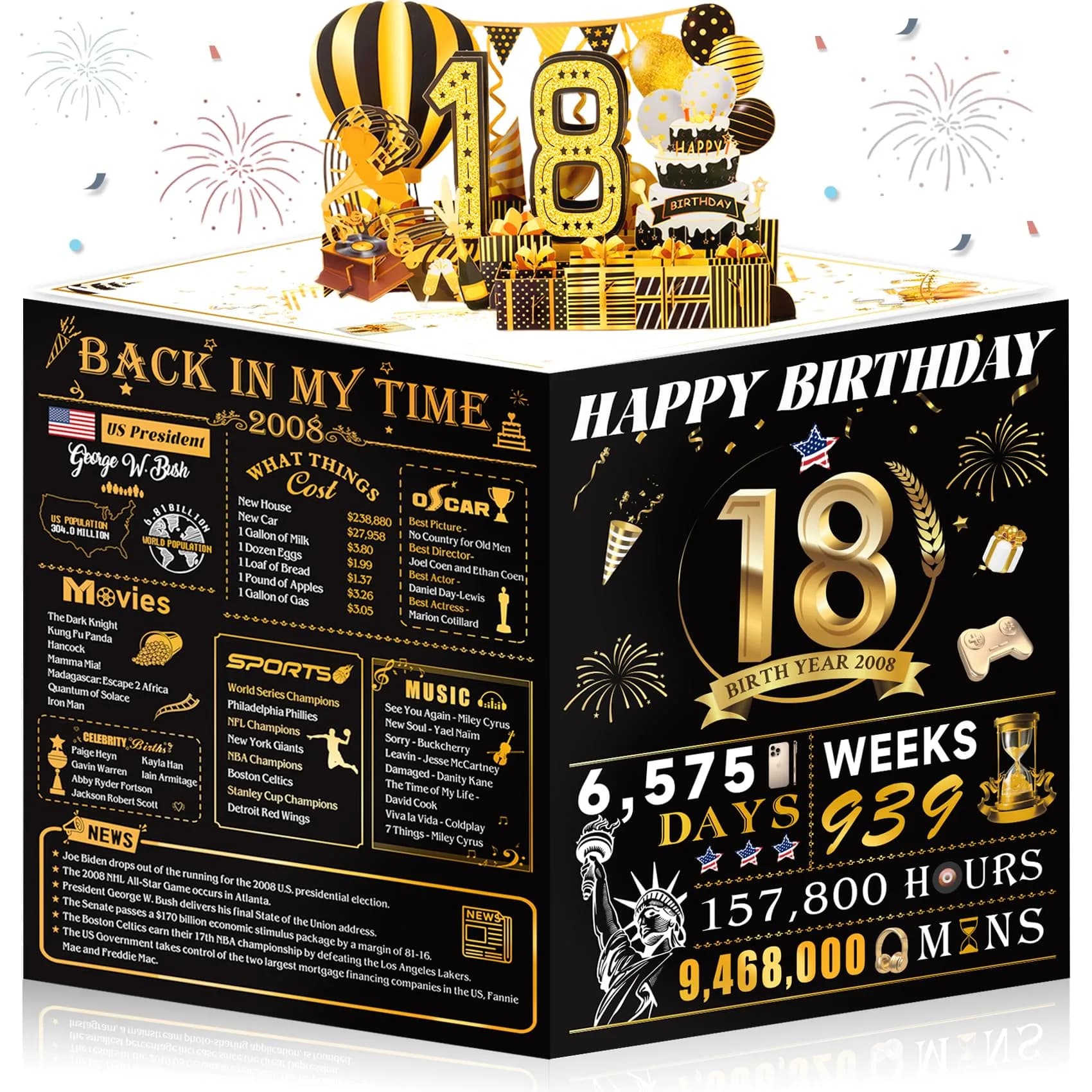 OLOSONG 18th Birthday Card for Girl Boy Son Daughter | 3D Pop Up, Glittery Design, 8" x 10" | Unique Milestone Gift — BlackGold