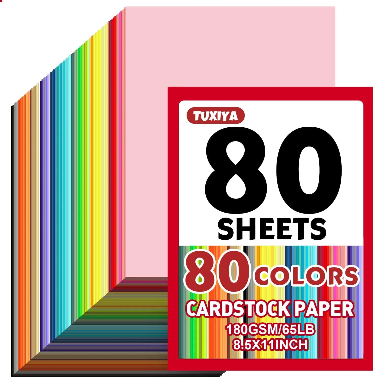 TUXIYA 80 Sheets 8.5" X 11" Colored Cardstock | Assorted Colors, 180 GSM, for Crafts & School Projects — 8.5 X11in 80p