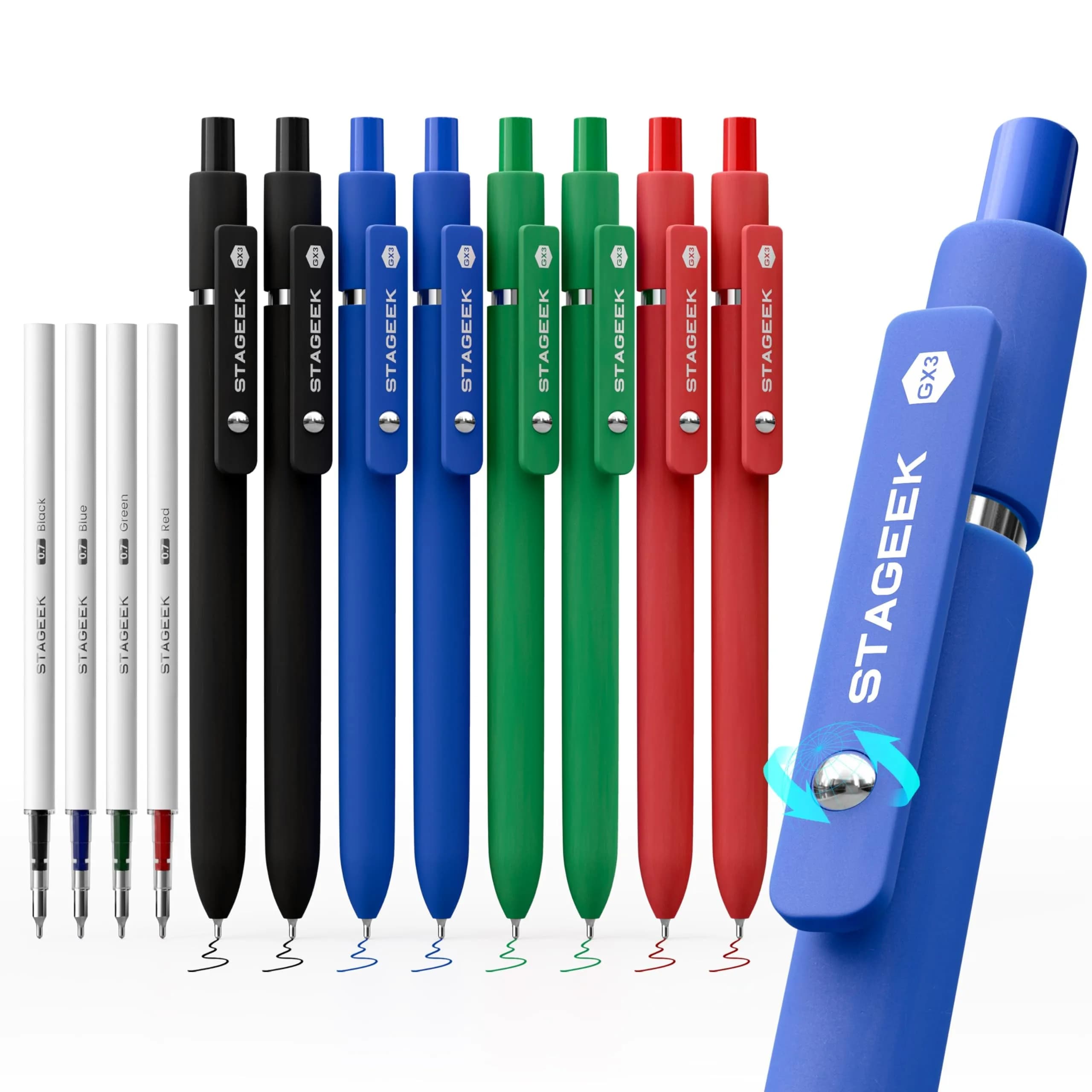 STAGEEK GX3 Black Gel Pens 0.7mm (6 Pens + 3 Refills) | Smooth Writing, Quick Dry, Soft Grip — 8Pcs Black Green Blue Red