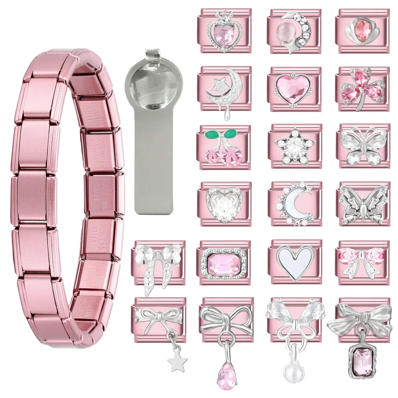 ITingstere Charm Bracelet Pink 22Pcs Glitter Set | Italian Style Jewelry for Women — Pink