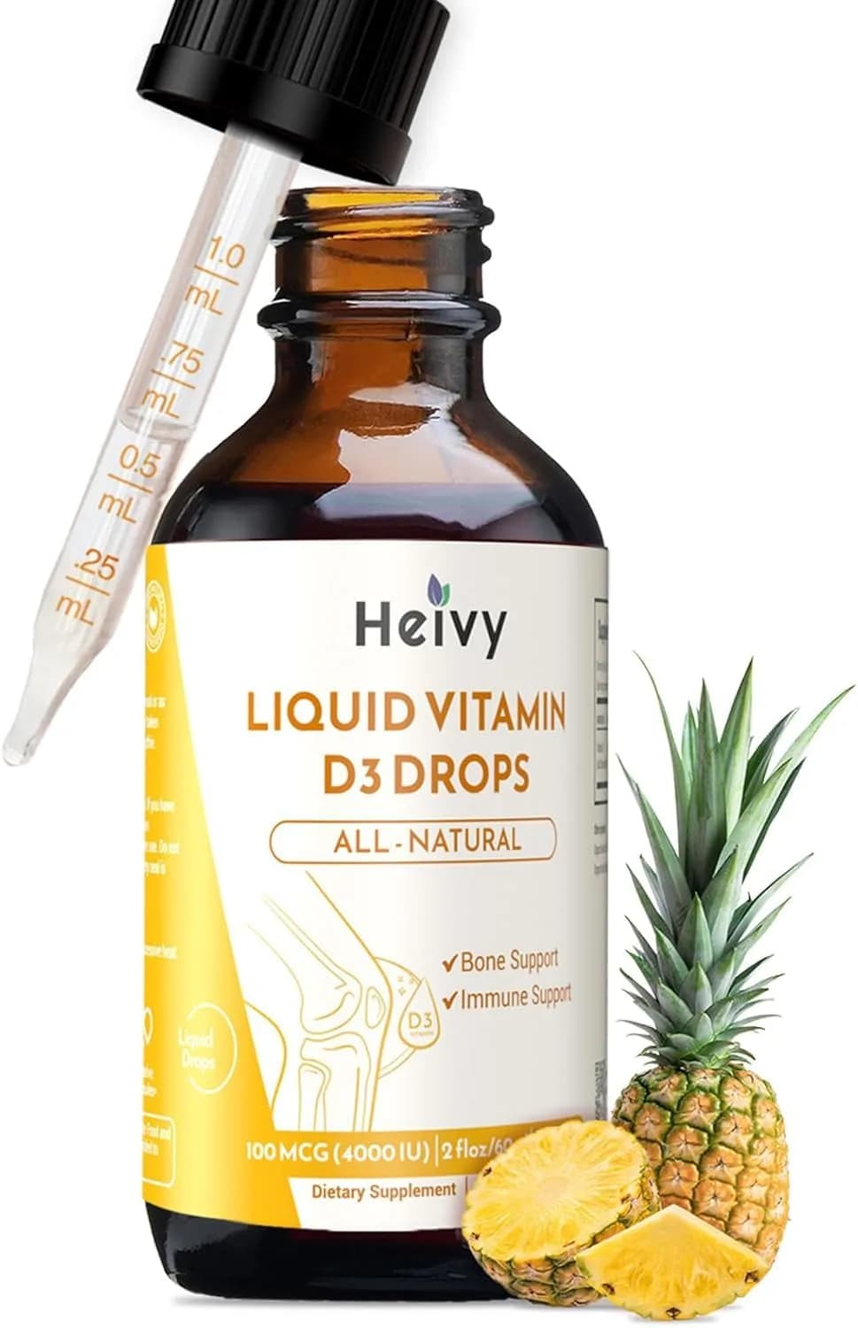 Heivy Liquid Vitamin D Drops 4000 IU | Vegan Pineapple Flavor for Bone & Immunity Support, Made in USA, 60 Servings (60ml) - main product image
