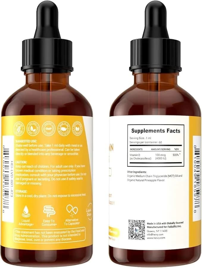 Heivy Liquid Vitamin D Drops 4000 IU | Vegan Pineapple Flavor for Bone & Immunity Support, Made in USA, 60 Servings (60ml) thumbnail 3