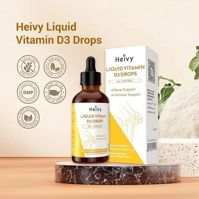 Heivy Liquid Vitamin D Drops 4000 IU | Vegan Pineapple Flavor for Bone & Immunity Support, Made in USA, 60 Servings (60ml) thumbnail 7