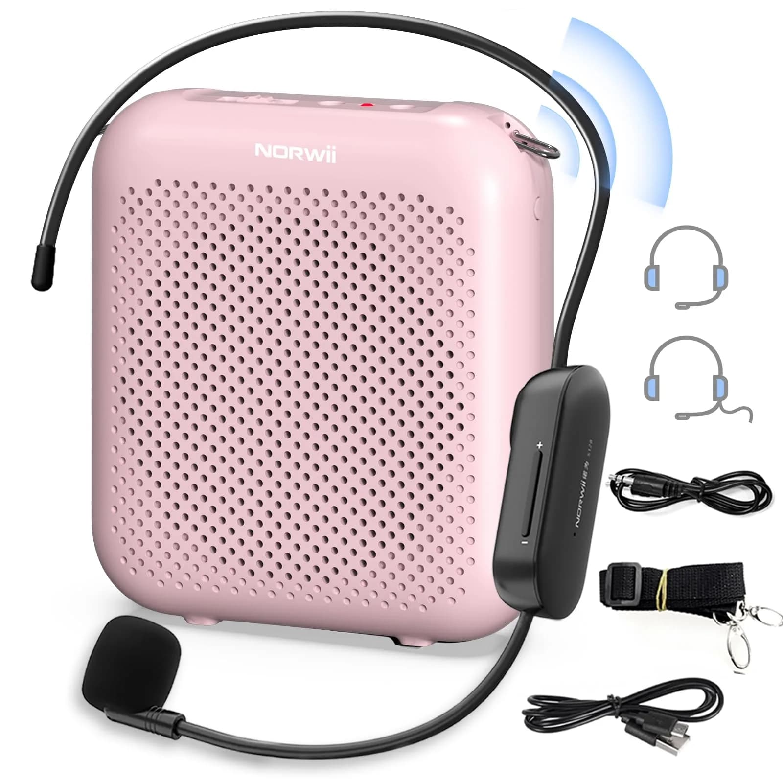 Norwii Portable Wireless Voice Amplifier with Bluetooth Speaker & 2 Microphones (10W, Black) | 1000 m² Coverage — Pink - 15W
