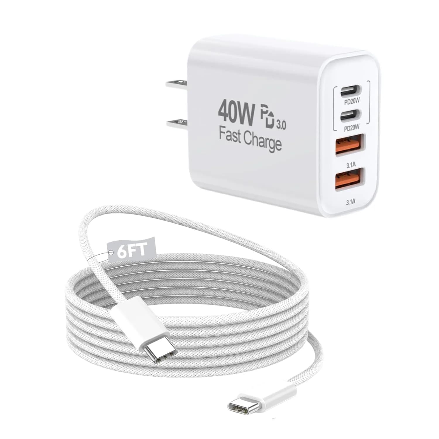 Dazana 40W Multiport Fast Charger for iPhone 17/16/15 | 4 Ports, PD 40W, Type C & A, Compact — White