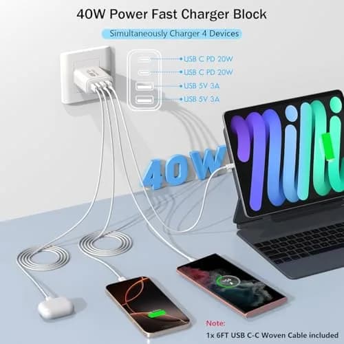 Dazana 10FT iPhone 17 16 15 Pro Charger | 2-Pack 40W USB C to C Woven Cable & Multiport Fast Charger thumbnail 5