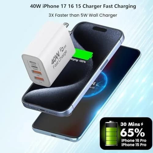 Dazana 10FT iPhone 17 16 15 Pro Charger | 2-Pack 40W USB C to C Woven Cable & Multiport Fast Charger thumbnail 2
