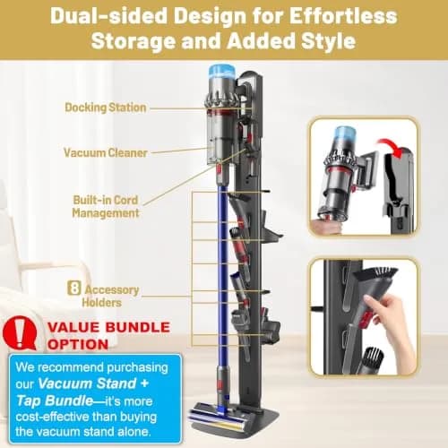 Kukikan GrandeTier Vacuum Stand Holder with 8 Hooks & Shelves | Freestanding Metal Dock for Cordless Vacuums thumbnail 4