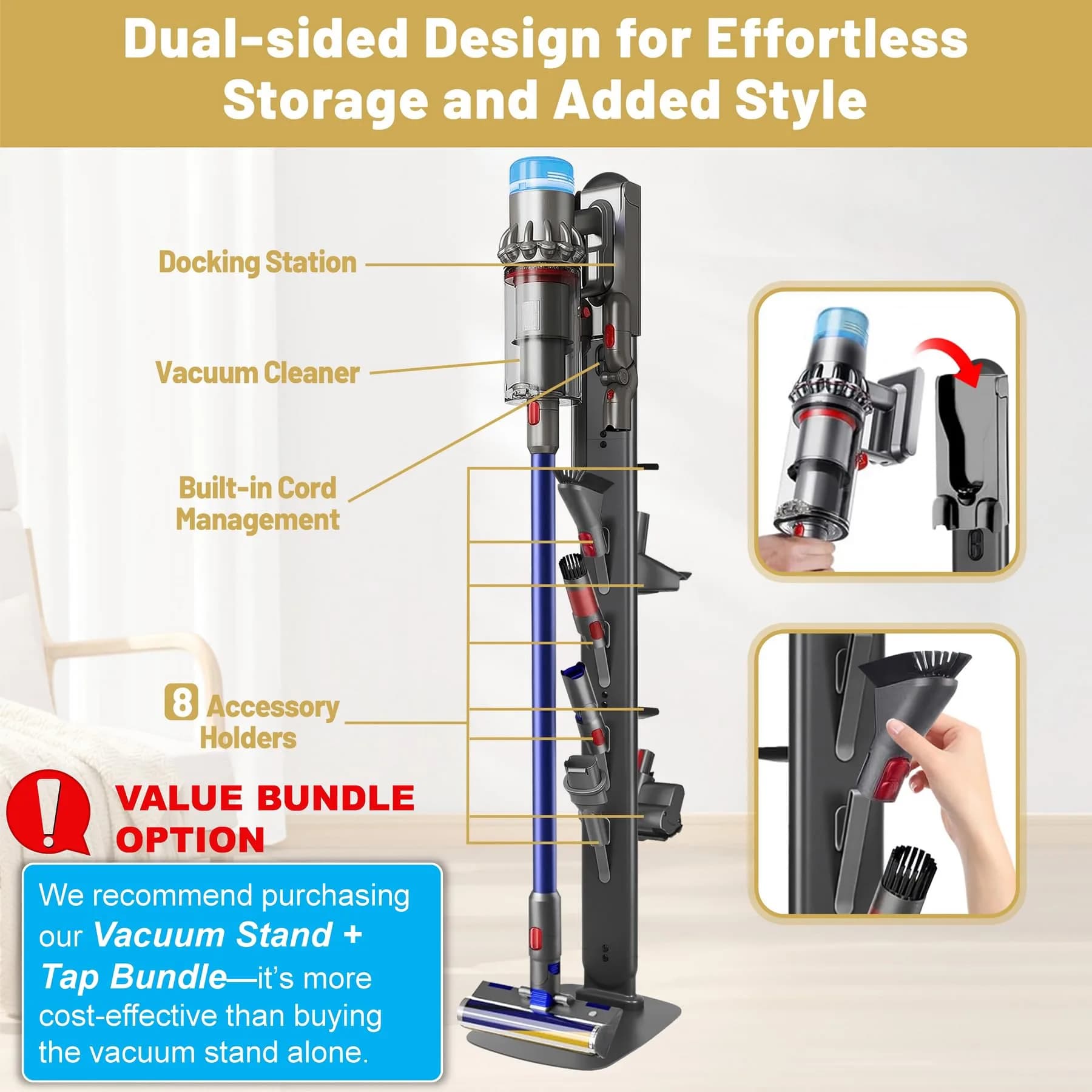 Kukikan GrandeTier Vacuum Stand Holder with 8 Hooks & Shelves | Freestanding Metal Dock for Cordless Vacuums - view 4