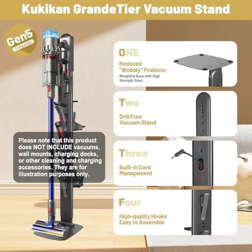 Kukikan GrandeTier Vacuum Stand Holder with 8 Hooks & Shelves | Freestanding Metal Dock for Cordless Vacuums thumbnail 5