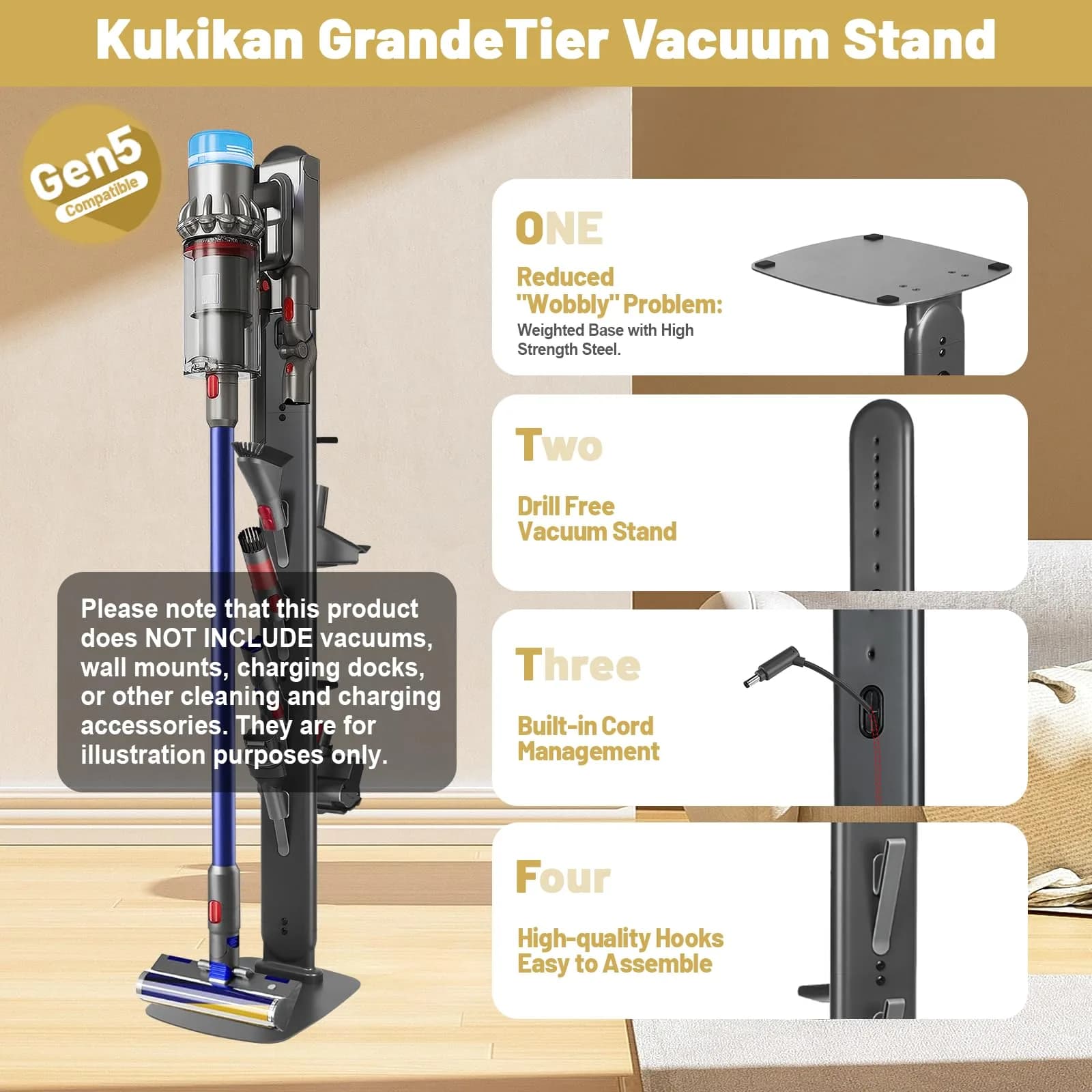 Kukikan GrandeTier Vacuum Stand Holder with 8 Hooks & Shelves | Freestanding Metal Dock for Cordless Vacuums - view 5