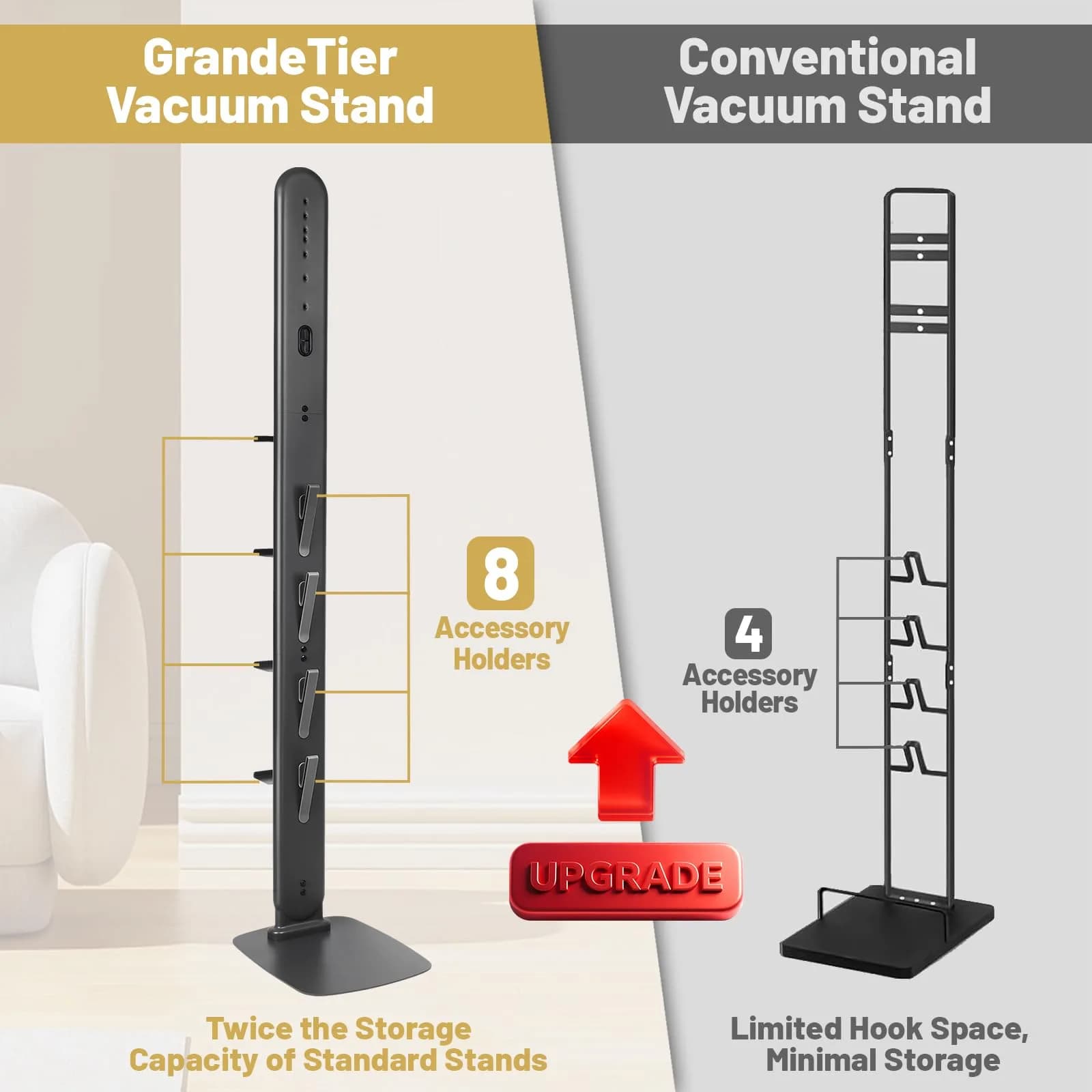 Kukikan GrandeTier Vacuum Stand Holder with 8 Hooks & Shelves | Freestanding Metal Dock for Cordless Vacuums - view 8