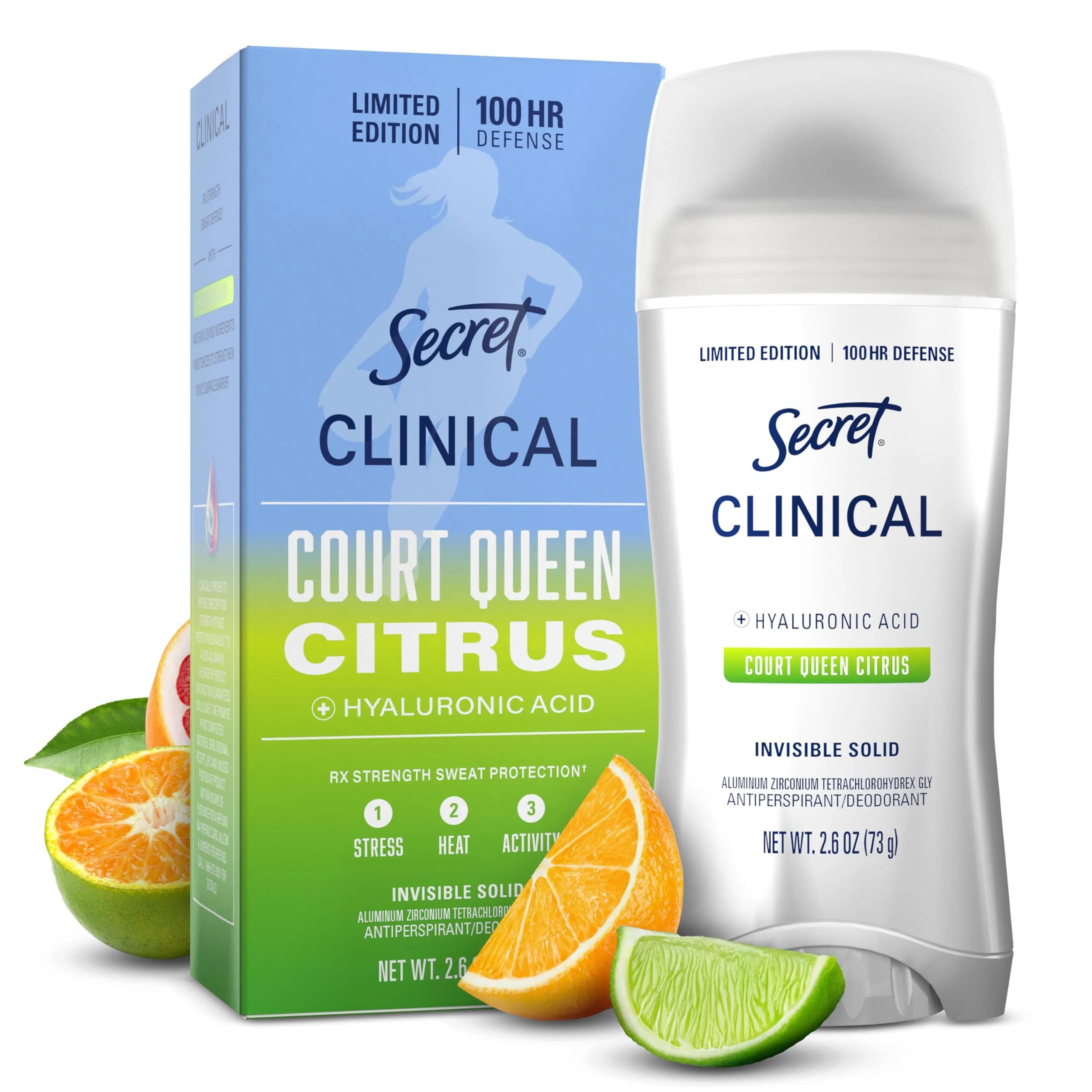 Secret Clinical Strength Stress Response Invisible Solid Antiperspirant Deodorant for Women 78g (2.6 oz) | 100-Hour Sweat & Odor Protection — Court Queen Citrus / 2.6 Ounce