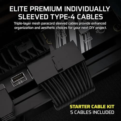Corsair Elite Premium Type 4 Individual Sleeved PSU Cable Kit – Low-Profile Paracord, Black, 61cm | Compatible with Type 4 PSUs thumbnail 2