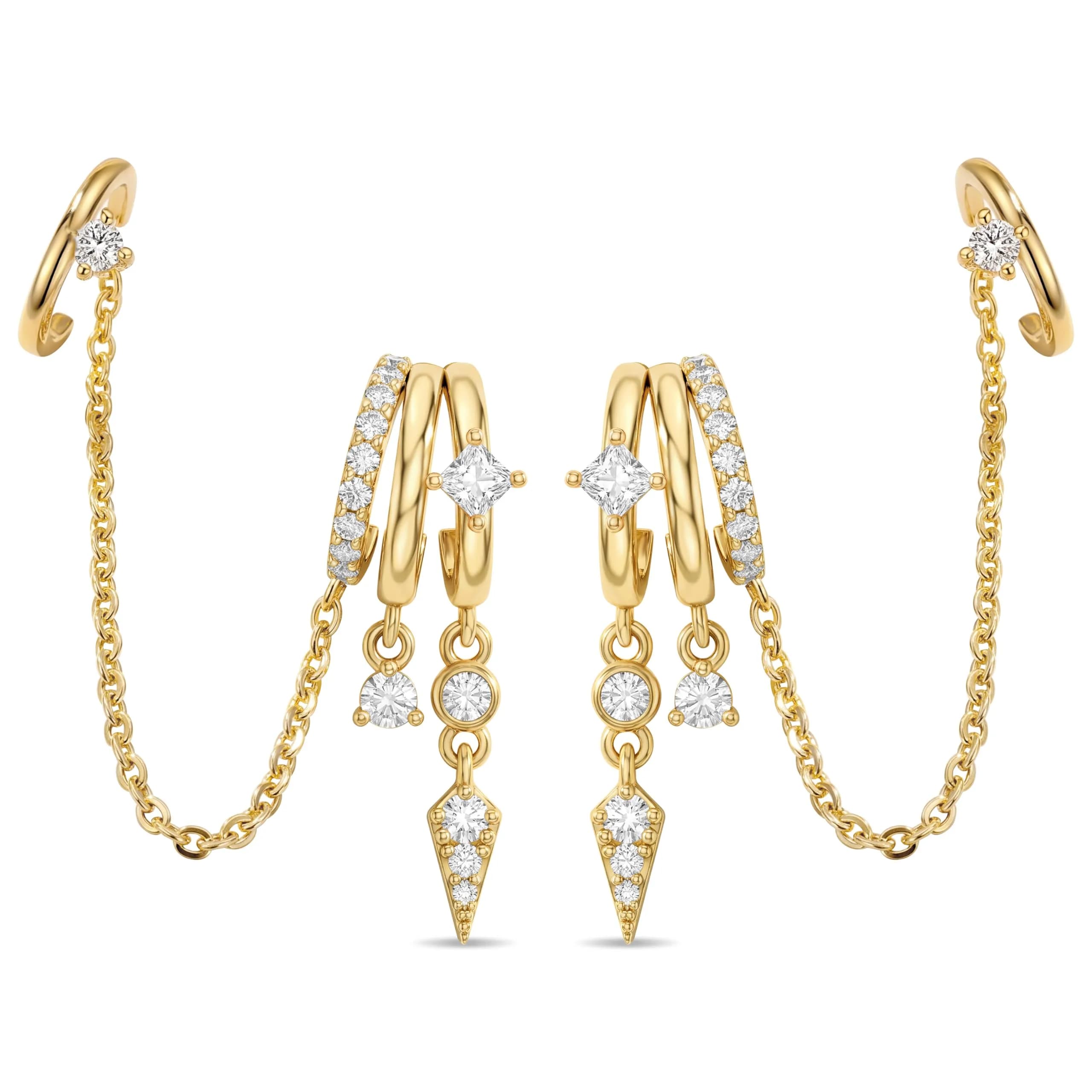 Hefanny Triple Huggie Stacked Earrings for Women Gold Chain Drop Dangle Earrings Cute Statement CZ Earrings Trendy Dainty Jewelry Gift (Spike Chain Cuff/Gold, 1 Pair)