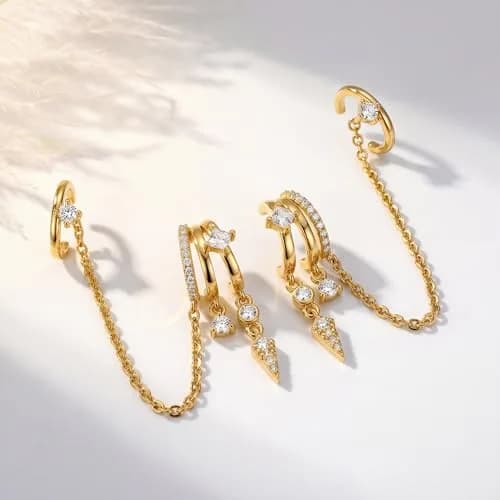 Hefanny Triple Huggie Stacked Earrings for Women Gold Chain Drop Dangle Earrings Cute Statement CZ Earrings Trendy Dainty Jewelry Gift (Spike Chain Cuff/Gold, 1 Pair) thumbnail 4