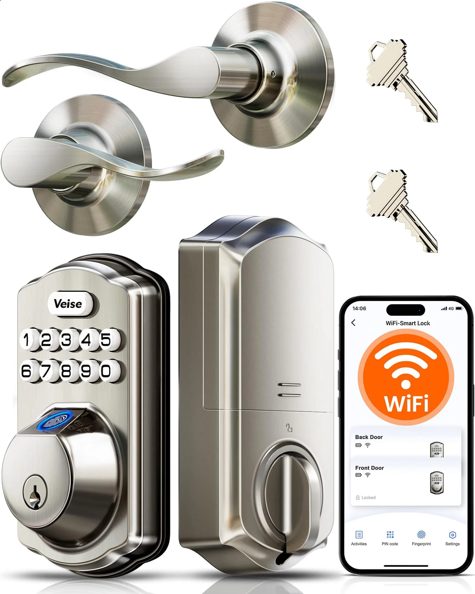 Veise VE012W-B Smart Wi-Fi Deadbolt Lock with Handle Set, Satin Nickel | App & Voice Control — Satin Nickel