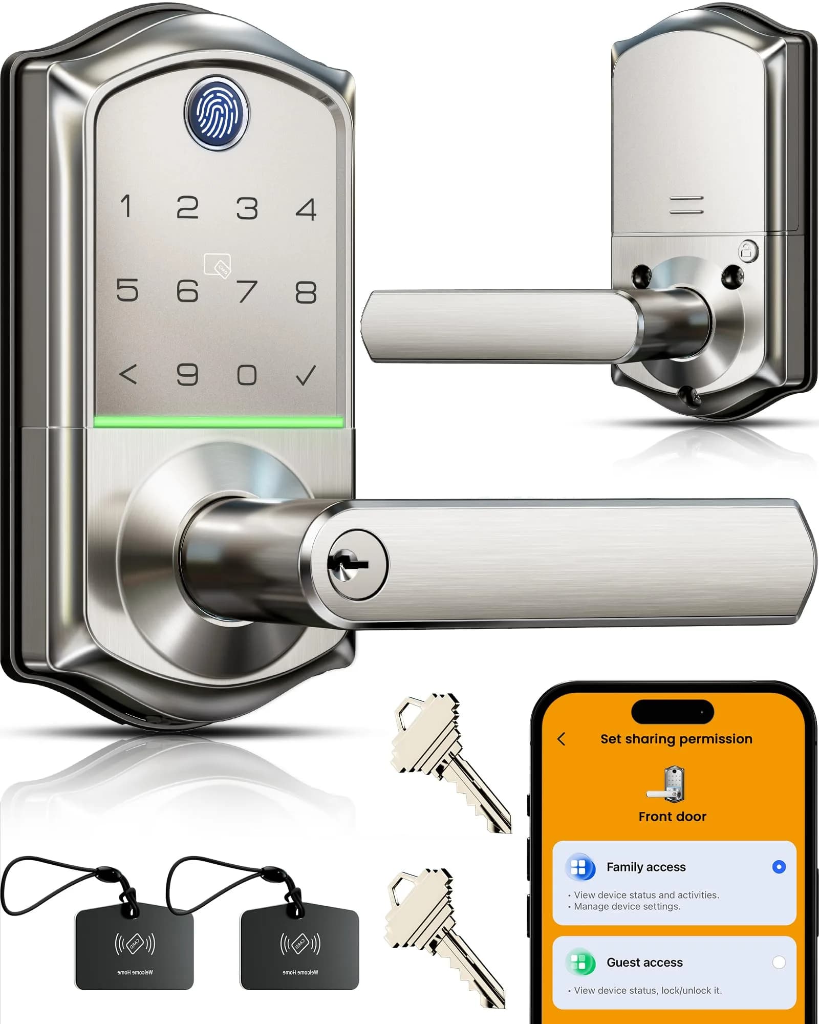 Veise VE019 Smart Lever Lock with Handle, Fingerprint Keyless Entry Door Lock, Satin Nickel | ANSI Grade 3 & BHMA Tested — Satin Nickel