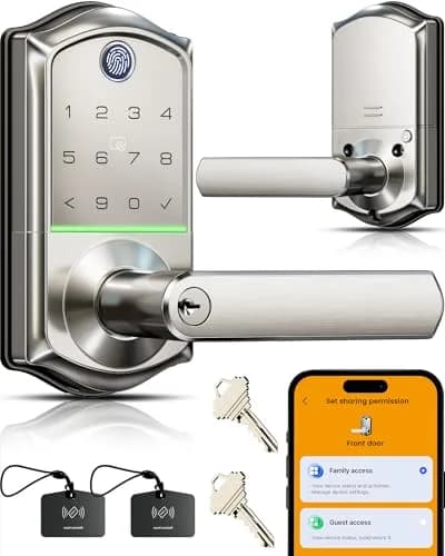 Veise VE019 Smart Lever Lock with Handle, Fingerprint Keyless Entry Door Lock, Satin Nickel | ANSI Grade 3 & BHMA Tested thumbnail 1