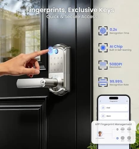 Veise VE019 Smart Lever Lock with Handle, Fingerprint Keyless Entry Door Lock, Satin Nickel | ANSI Grade 3 & BHMA Tested thumbnail 4