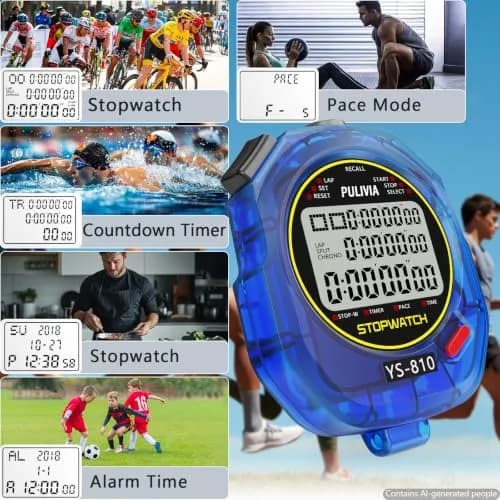 PULIVIA Digital Stopwatch Timer with Lanyard - 10 Splits/Laps, Countdown, Pace Mode, Blue thumbnail 3