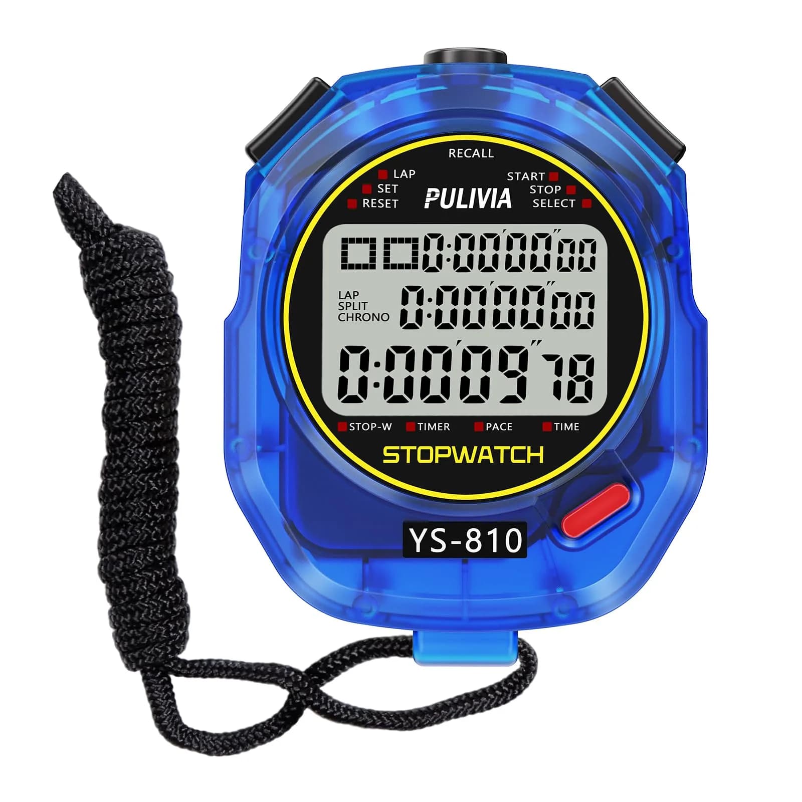 PULIVIA Digital Stopwatch Timer with Lanyard - 10 Splits/Laps, Countdown, Pace Mode, Blue - main product image