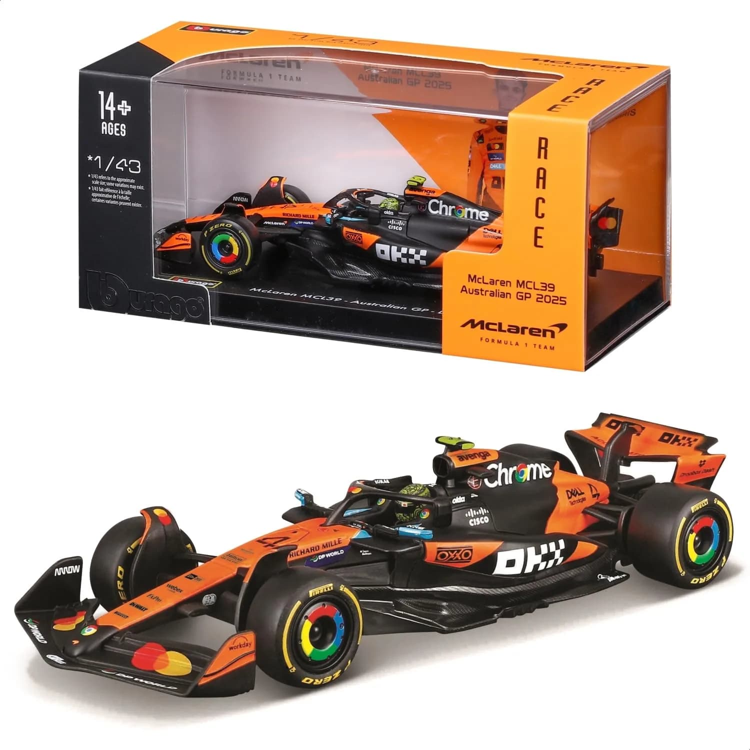Bburago 1:43 Race Formula McLaren MCL39 w/Helmet (2025) Norris #4 | Highly detailed die-cast replica for collectors and kids — MCL39 2025 Norris 1:43 Case