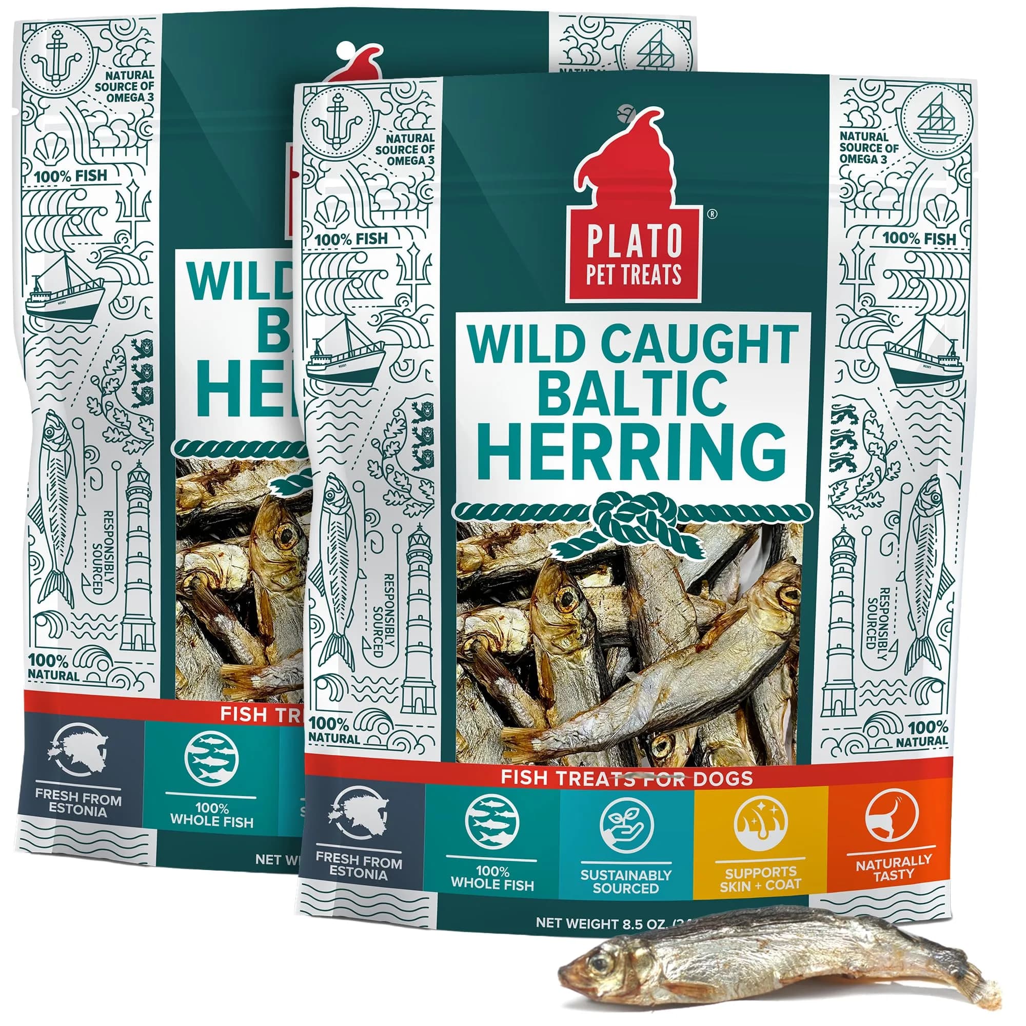 PLATO Fish Dog Treats Wild Caught Baltic Herring 8.5 oz | Natural Omega-3 Support - main product image