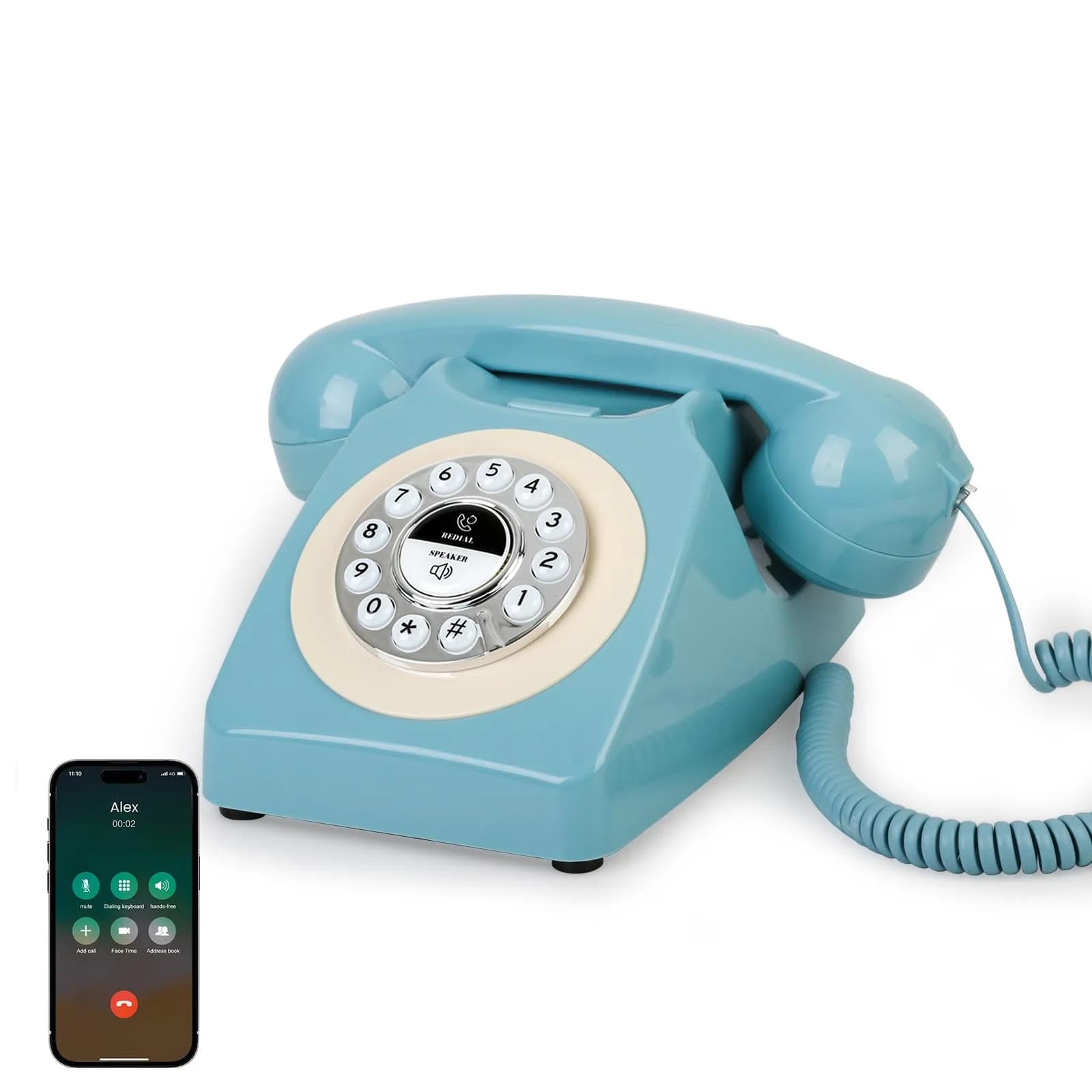 Aokpsrt Retro Blue Bluetooth Landline Phone | Mid-Century Style Desk Telephone with Vintage Ringtones (0.811 Fl Oz) — blue
