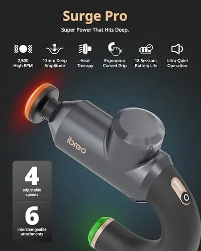 ibreo Surge Pro Deep Tissue Massage Gun with Heat | Percussion Muscle Massager for Pain Relief, 12mm Amplitude, 4 Speeds, 6 Heads, Handheld, 1.74 lbs thumbnail 2