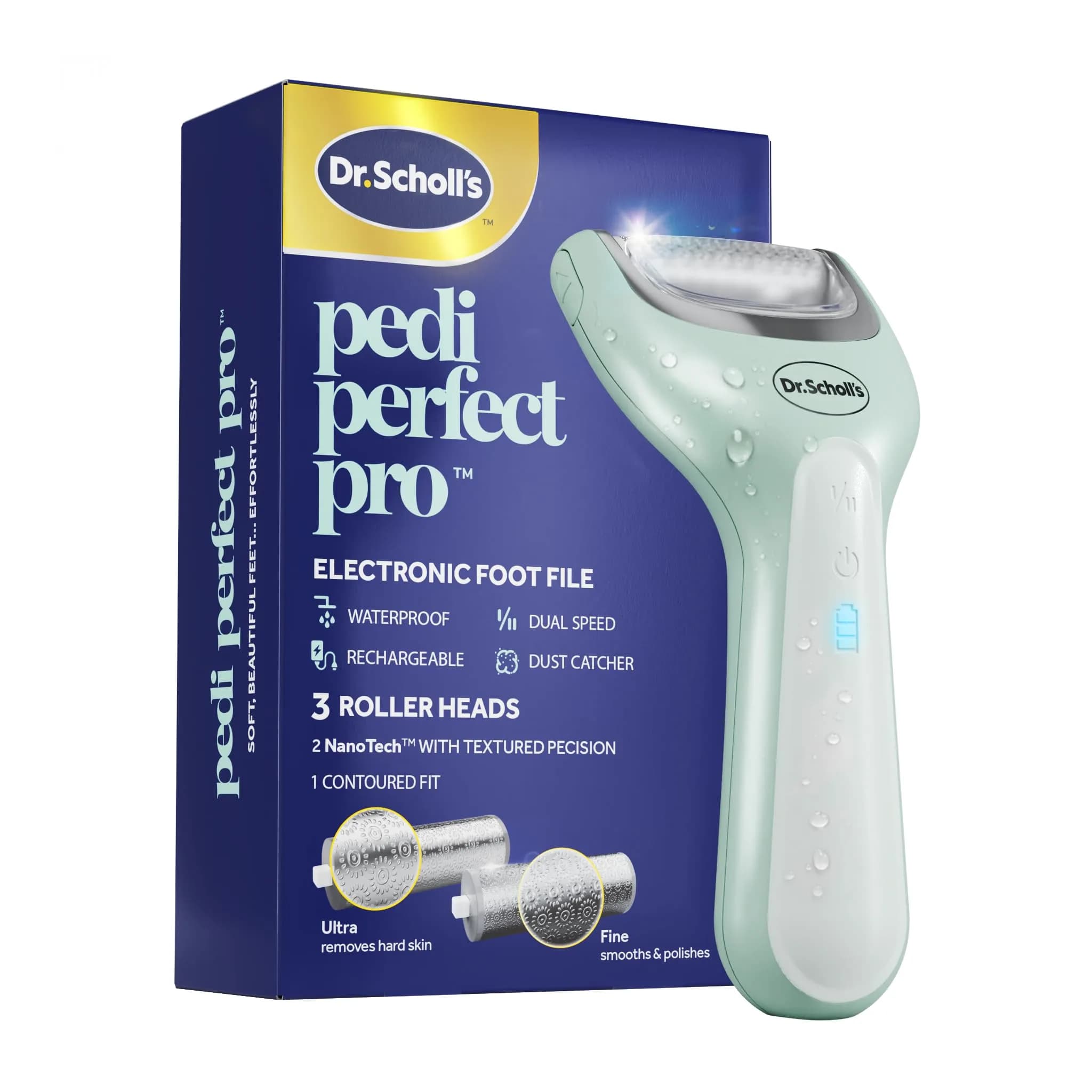 Dr. Scholl's Pedi Perfect Pro Electric Foot File with 3 Roller Heads | Waterproof, Rechargeable, 90-Min Run Time