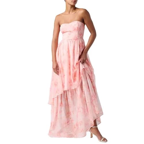 Lulus Alana Tiered Women's Printed Maxi Dress, Peach Multi, Medium | Elegant flowy summer dress for women thumbnail 1