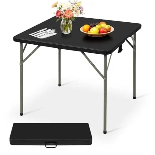 Pazidom 34" Folding Card Table, Heavy Duty Plastic Square Table - Portable Fold-in-Half w/Handle & Lock for Camping, BBQ, Party, Events, Black thumbnail 1