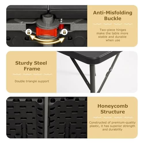 Pazidom 34" Folding Card Table, Heavy Duty Plastic Square Table - Portable Fold-in-Half w/Handle & Lock for Camping, BBQ, Party, Events, Black thumbnail 5