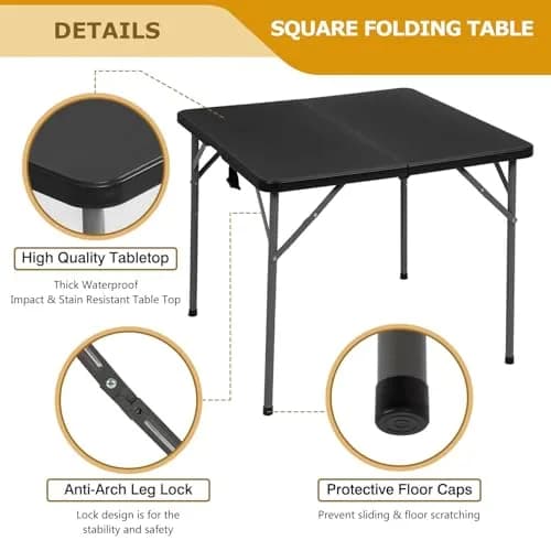 Pazidom 34" Folding Card Table, Heavy Duty Plastic Square Table - Portable Fold-in-Half w/Handle & Lock for Camping, BBQ, Party, Events, Black thumbnail 7