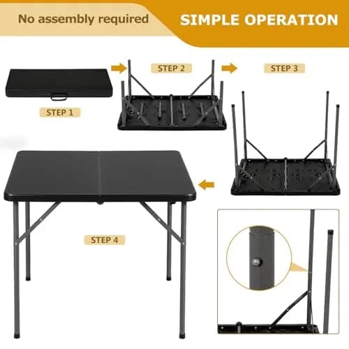 Pazidom 34" Folding Card Table, Heavy Duty Plastic Square Table - Portable Fold-in-Half w/Handle & Lock for Camping, BBQ, Party, Events, Black thumbnail 8