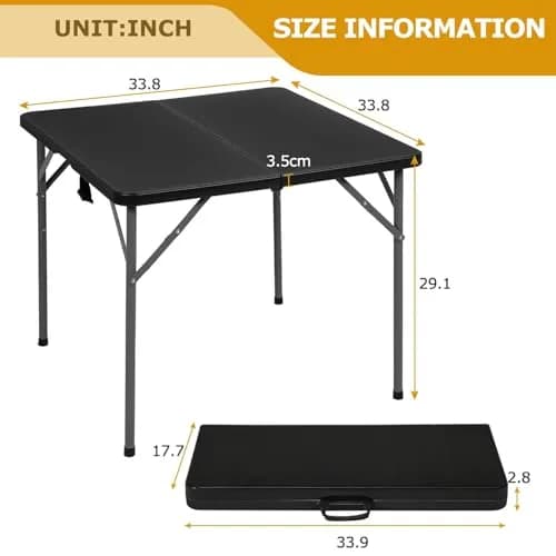 Pazidom 34" Folding Card Table, Heavy Duty Plastic Square Table - Portable Fold-in-Half w/Handle & Lock for Camping, BBQ, Party, Events, Black thumbnail 2