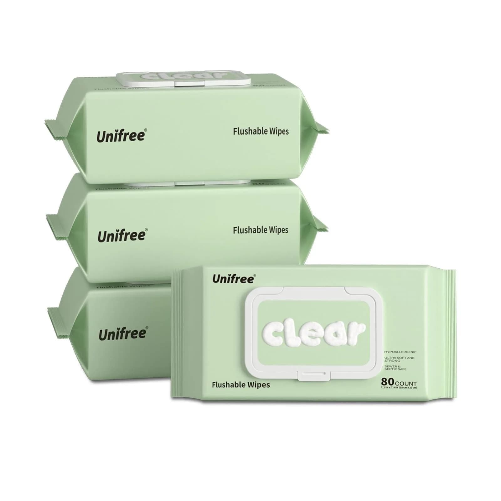 UNIFREE Flushable Wipes XL | Gentle, Septic & Sewer Safe, Biodegradable, 4 Large Packs (320 Wipes) — White