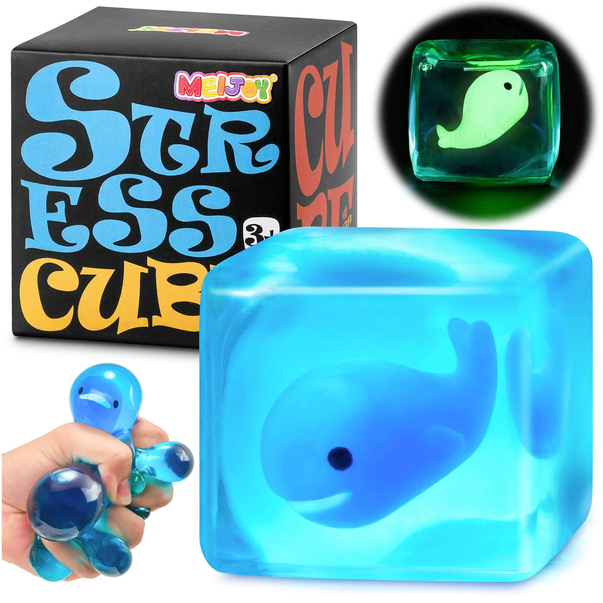 Meijoy Stress Cube Fidget Toy with Glow-in-the-Dark Whale, 6cm (2.36 inches) | Non-Toxic BPA-Free Educational Toy - main product image