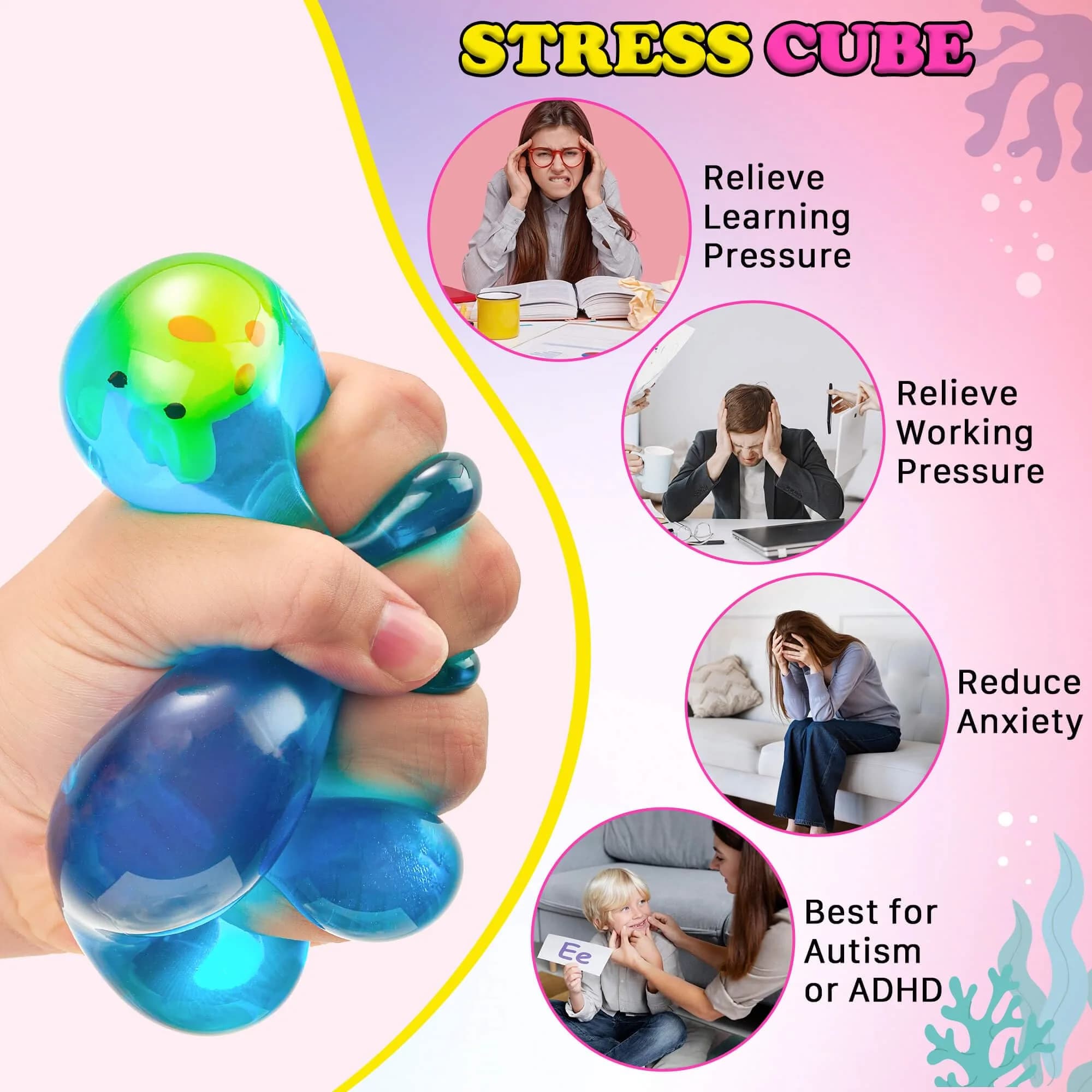 Meijoy Bubble Crab Stress Cube with Glow-in-the-Dark Mochi Inside, 6cm (2.36") | Safe Non-Toxic Sensory Toy for Kids & Adults - view 5