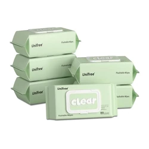 UNIFREE Flushable Wipes | XL Wet Wipes Gentle Clean, Septic & Sewer Safe, 6 Large Packs (480 Wipes) | Biodegradable, Toilet, Flip-Top thumbnail 1