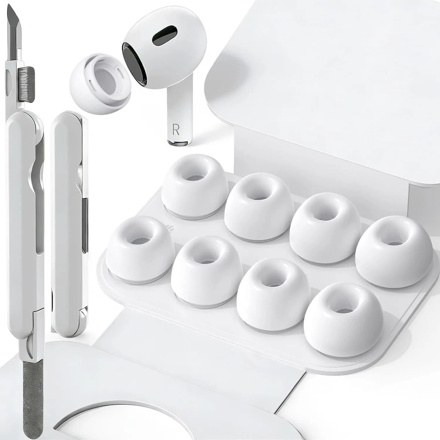 SIXFU Ear Tip Replacement for AirPod Pro & Pro 2 | 4 Sizes, Noise Reduction, Dust Guard, Portable Kit (White) — 4 Size-White