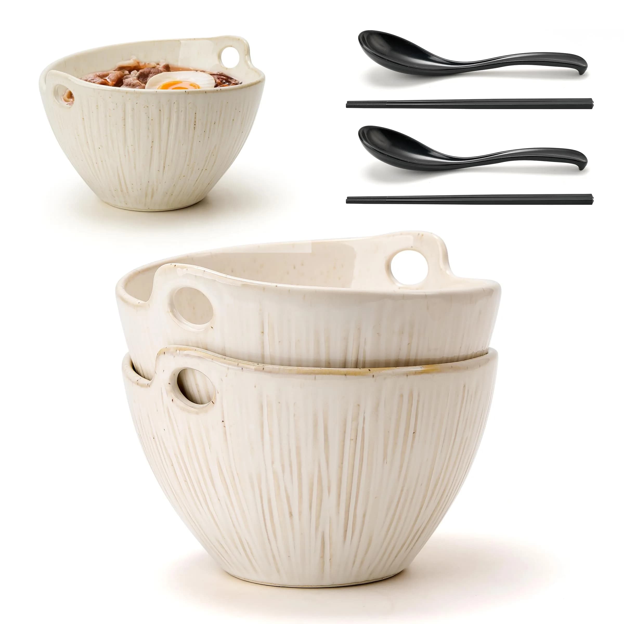 JH JIEMEI HOME Ramen Bowl with Chopsticks & Spoons, 7 Inch Ceramic Set of 2 | Dishwasher Safe for Pho, Udon, Soba, Salad, Pasta — Aged Ivory Speckle