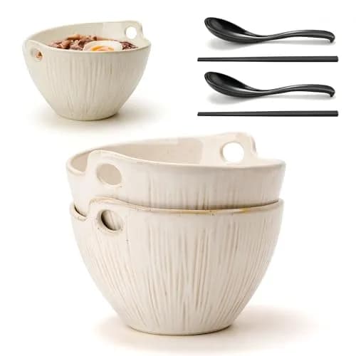 JH JIEMEI HOME Ramen Bowl with Chopsticks & Spoons, 7 Inch Ceramic Set of 2 | Dishwasher Safe for Pho, Udon, Soba, Salad, Pasta thumbnail 1