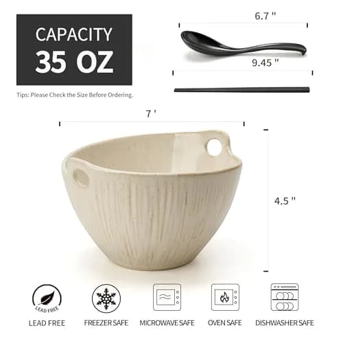 JH JIEMEI HOME Ramen Bowl with Chopsticks & Spoons, 7 Inch Ceramic Set of 2 | Dishwasher Safe for Pho, Udon, Soba, Salad, Pasta thumbnail 3