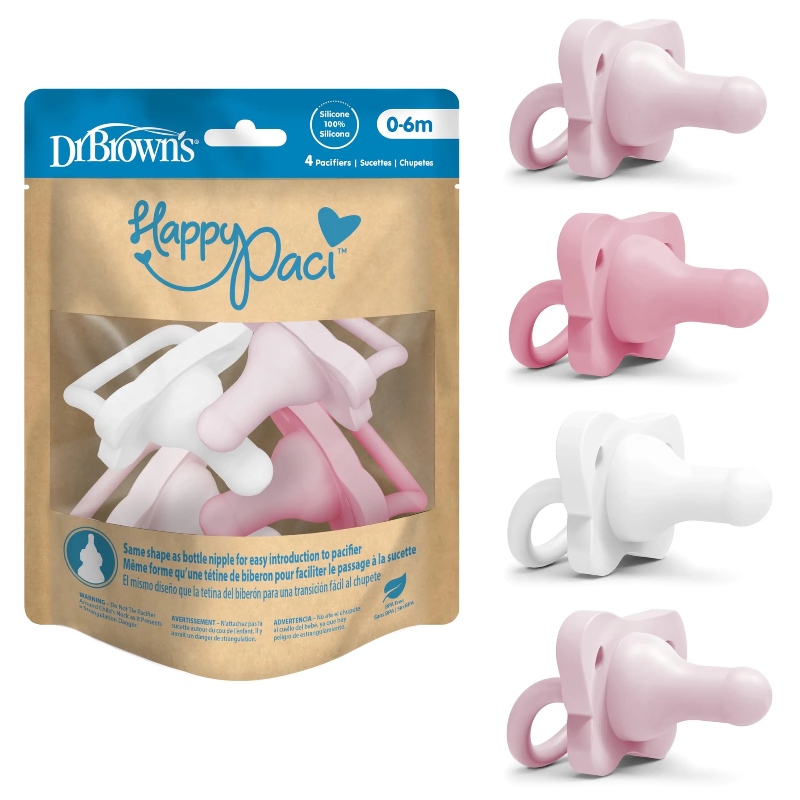 Dr. Brown's HappyPaci Silicone Pacifier 0-6m, 4-Pack | BPA-Free, Soft Silicone